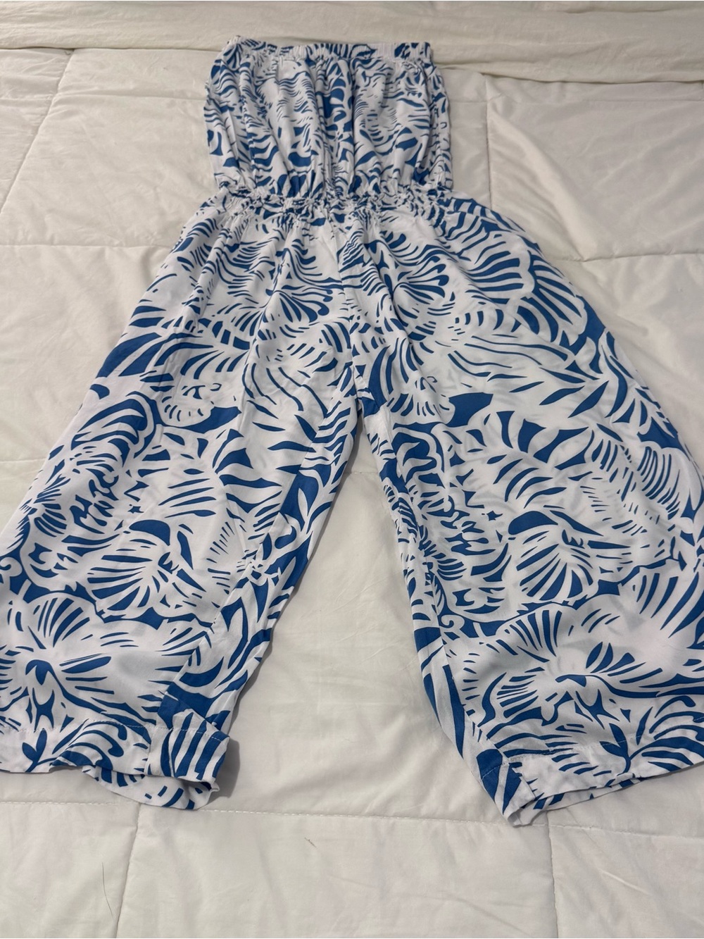 Strapless Blue & White Tropical Print Jumpsuit